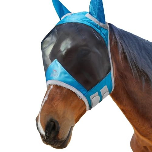 CareMaster Pro Luminous Horse Fly Mask Large Eye Space Standard with Ears UV Protection for Horse Sky Blue Full Size (Sky Blue / Large (Horse))