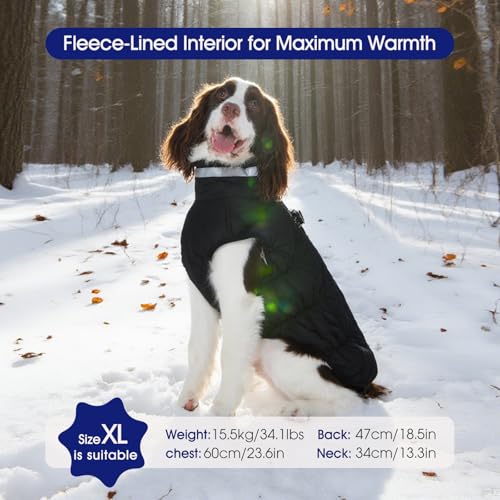 Dog Winter Coat Fleece Warm Large Dog Coat with Harness Built in (Solid Black / XXL(chest:35in))