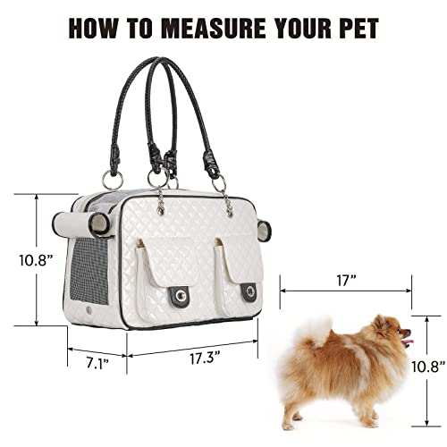 Pet Carrier Fashion Dog Carrier Purse Leather Tote Handbag Bag for Small Puppies Dogs Cat Small Animals Soft TSA Airline (White)