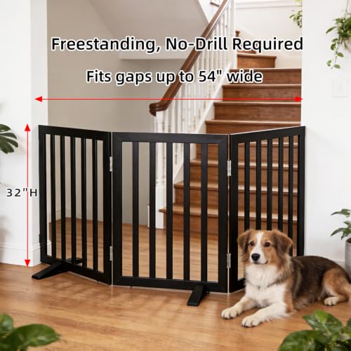Freestanding Indoor Dog Gate for House Foldable Wood Puppy Gate for Doorways Pet Gate for Stairs Extra Wide Pet Fence (Black / 【3 Panels】60''w x 32''h)