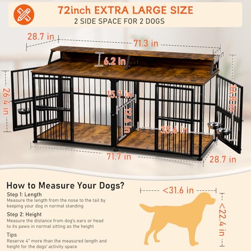 XXL Dog Crate Furniture for 2 Dogs (Rustic Brown & Black / Extra Extra Large Size: 72 x 28.7 x 36.8 inch)