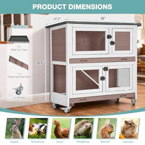 36" 2 Story Wooden Rabbit Hutch with Chew ((Brown-AIR77))