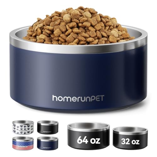 Dog Bowls Durable Dishwasher Safe Double Wall Metal Insulated Stainless Steel Food Water Bowls with Non (32oz / Navy)