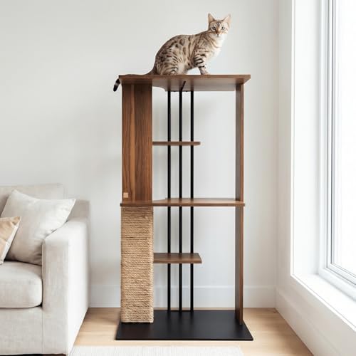 Cali Cat Tree 24″ x 18″ x 47″ with Scratching Post & 4 Platforms (Walnut)