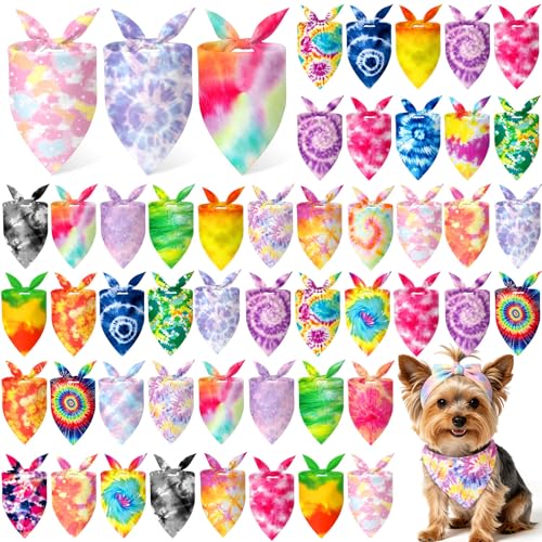 50 Pieces Tie Dye Dog Bandanas Bulk Colorful Hippie Pattern Dog Bandanas for Dogs Triangle Kerchief Scarf Bibs Set for Pets Summer Party Costume Accessories (Tie Dye / 19.7 x 13.8 x 13.8'')