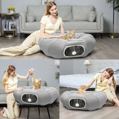 Cat Tunnel with Bed for Kitten Puppy Rabbit Ferret (Light Grey)