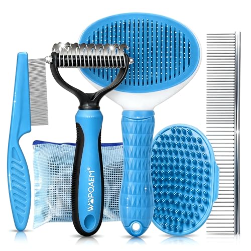 5-in-1 Dog Grooming Kit with Self Cleaning Brush & Rake, Blue (Blue)
