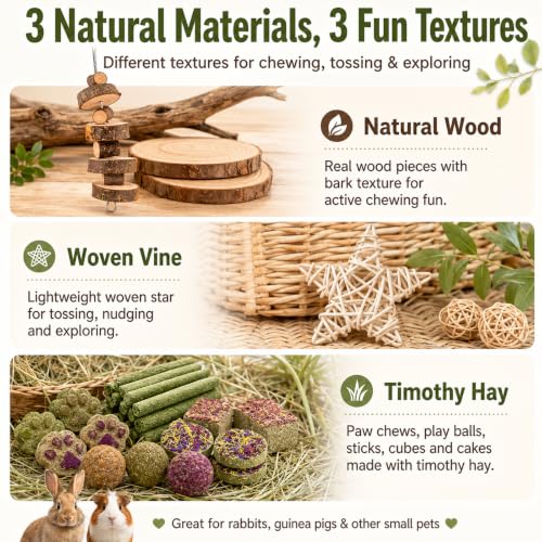 Rabbit Toys Guinea Pig Toys 17Pcs Natural Timothy Hay Bunny Chews and Treats for Hamster Chinchilla Gerbil (17 Pcs)