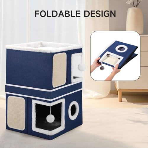 2 Story Cat House beds for Indoor Cats with Scratch Pads Blue (Blue / Double)