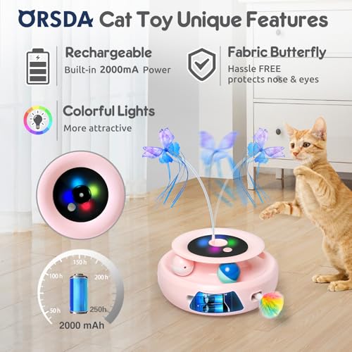 Cat Toy, 3-in-1 Automatic Interactive Electronic Moving Ambush Feather, Fluttering Butterfly, Track Balls, USB Rechargeable Powered Smart Indoor Exercise Kicker (Pink)