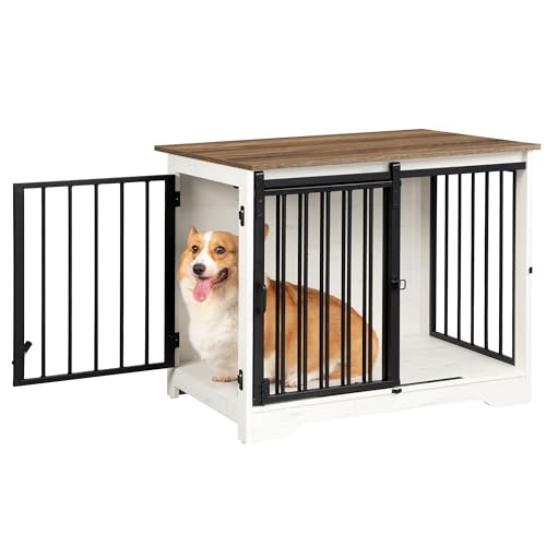 31.9" M Dog Crate Furniture Indoor Dog Kennel with Barn Door (White Brown / 31.9"L x 21.7"W x 26.6"H)
