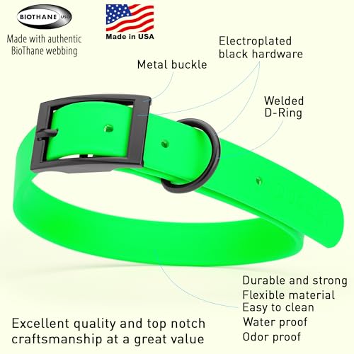 Biothane Waterproof Dog Collar Strong Coated Nylon Webbing with Black Hardware Odor (W1" x L18-22" / Tropical Green)