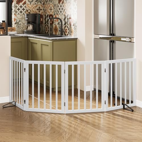 Wooden Dog Gate Freestanding Foldable Pet Gate 4 Panel Fully Assembled Dog Gates for Doorways House Stairs (White / 4 Panel - 74 inches Wide)