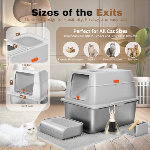 XXL Stainless Steel Sifting Litter Box with Lid (8" Gray with 6" Sifter XXL)