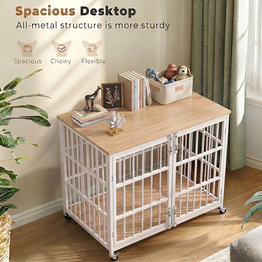 42" Heavy Duty Dog Crate Furniture for Large and Medium Dogs (White + Natural)