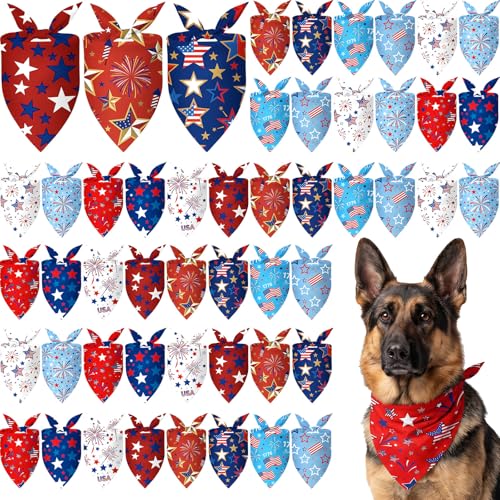 50 Pcs 4th of July Dog Bandanas Bulk for 1776 Patriotic 250th Anniversary Star Red White and Blue Independence Day Flag Scarf for Small Medium Large Outfit (Star / 31.5 x 21.7 x21.7 Inch)