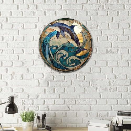 Metal Tin Stained Glass Dolphin Sign (12×12 Inches / Dolphin-2)