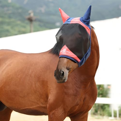 Pro Luminous Horse Fly Mask Standard with Ears UV Protection for Horse Coral Orange (Coral Orange/Navy / Medium (Arabian))