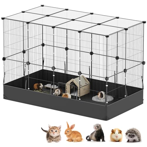Guinea Pig Cage with Waterproof PVC Bottom Liner & One (24 Panels-with roof / Black)