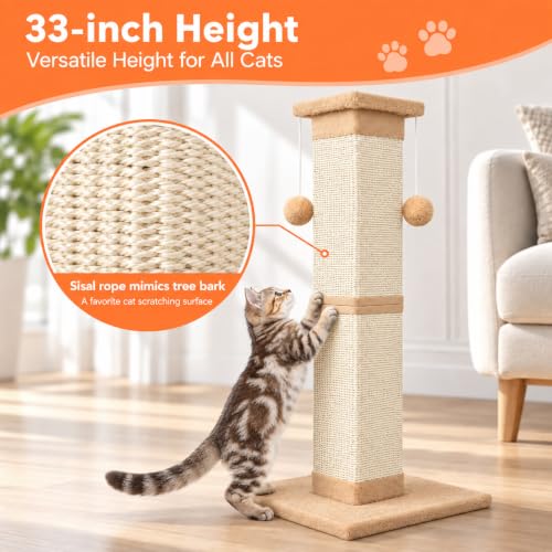 Cat Scratching Post 33 Inch Nature Sisal Cat Scratch Post for Indoor Cats (Orange)