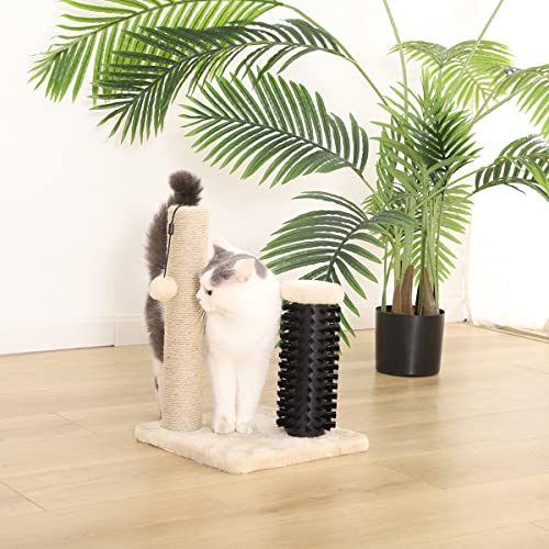 Cat Scratching Post with Self Groomer for Indoor Cats & Kittens (Scratching Post with Brush / Beige / 16.5" H)