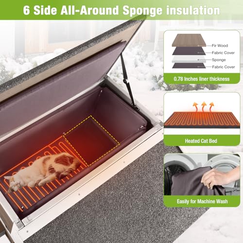 Heated Cat House Outdoor 2 Story Insulated Liner Feral Cat Shelter Weatherproof for Outside with Heated Pad（Brown）