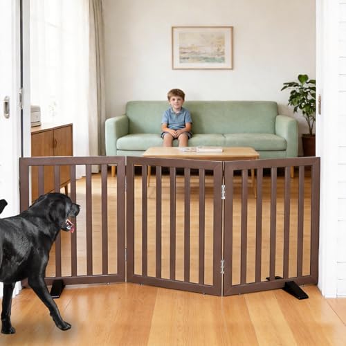 Freestanding Indoor Dog Gate for House Foldable Wood Puppy Gate for Doorways Pet Gate for Stairs Extra Wide Pet Fence (Brown / 【3 Panels】60''w x 24''h)