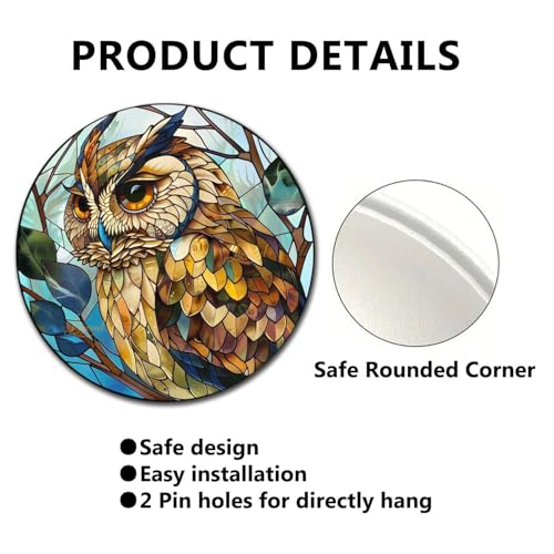 Metal Sign Tin Sign Circular Stained Glass Owl Bathroom Signs for Home for Garden 12×12 Inches (12×12 Inches / Owl-3)