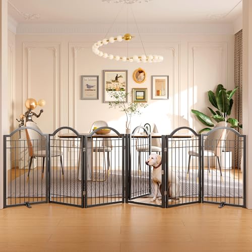 Metal No Assembly Freestanding Dog Gate with Door Walk Through (Black / 6 Panels-S)