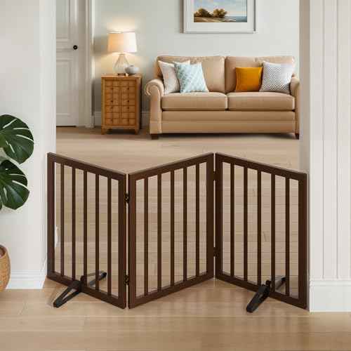 Wooden Dog Gate Freestanding Foldable 3 Panel Pet Gates Extra Wide Dog Gates for Indoor Doorways Stairs 24in Height Support Feet Included (Dark Brown / 3 Panel - 55 inches Wide)