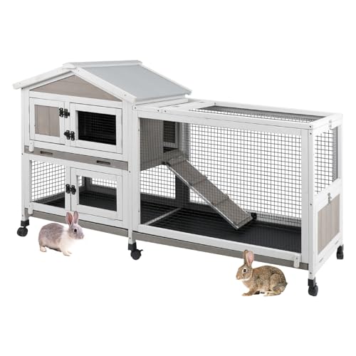 2 Tier Rabbit Hutch with Wheels (60"L x 19"W x 35"H)