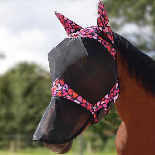 Pro LumiVista Horse Full Face Fly Mask Large Eye Space Long Nose with Ears UV Protection for Horse Cute Hearts M (Cute Hearts / M)