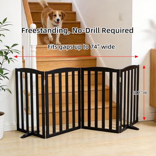 Foldable Freestanding Indoor Dog Gate for House Wood Long Pet Gates Dog Fence for Stairs Puppy Gates for Hallways (Black / 【4 Panels】80''w X 32''h)