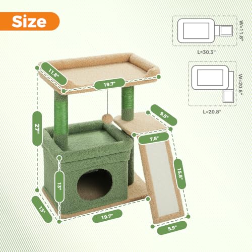 Small Cat Tree Tower for Indoor Cats with Large Perch (Green / L Plus(19.3"L x 12.2"W))