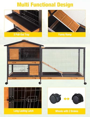 Rabbit Hutch Indoor Bunny Cage with Run Outdoor Rabbit House with Two Deeper No Leak Trays (Brown / 60.78"L x 22.6"W x 33.2"H)