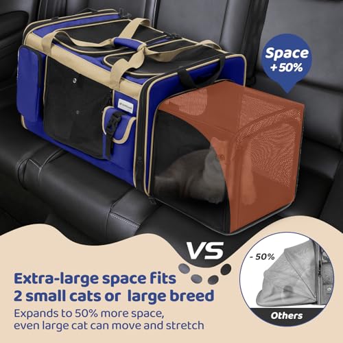 Expandable Extra Large Cat Carrier for 2 Cats with Litter Box for Kitten (Blue)