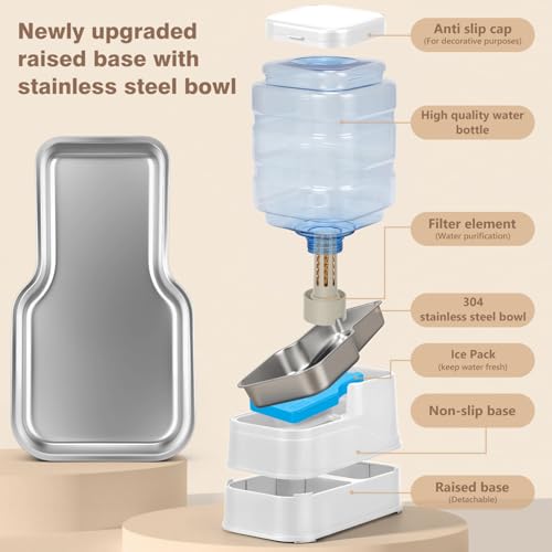 1.6 Gallon Pet Automatic Dog Water Dispenser Cat Gravity Waterer Feeder with Stainless Steel Bowl 8L Large Capacity Puppy Feeding Raised Bowls with Filter (White / 6L(1.6 Gallon))