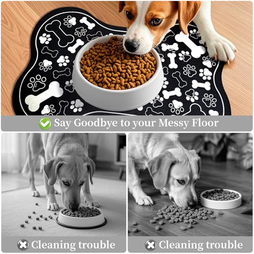 Dog & Cat Food Mat Bone Shaped Pet Feeding Mat Quick Absorb Water Bowl Placemat with Rubber Backing Indoor Floor Stain Resistant Pet Accessory Supplies (Black / 12"L x 18"W)