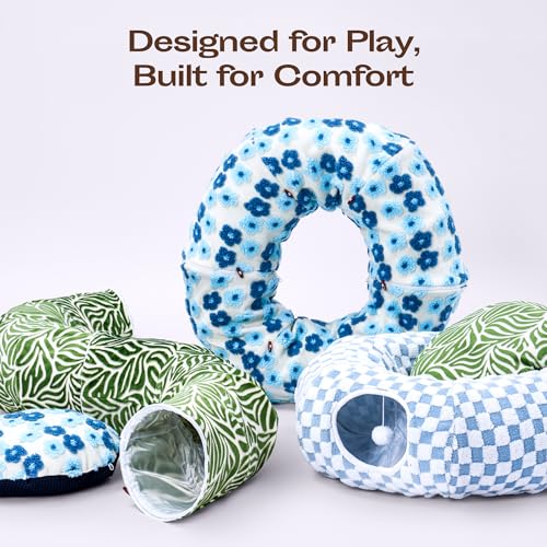 Indoor Cat Tunnel with Donut Bed (Azure Check)