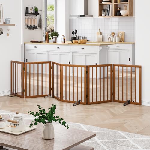 Freestanding Pet Gate Foldable Dog Gate (Walnut / 6 Panel - 110 inches Wide)