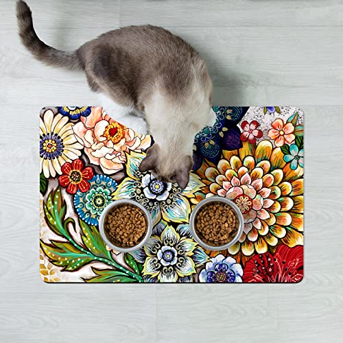 Dog Food Mat 12" x 19" Flower Absorbent Dog Cat Bowl Mat for Food and Water (Colorful Mandala / 19"L x 12"W)