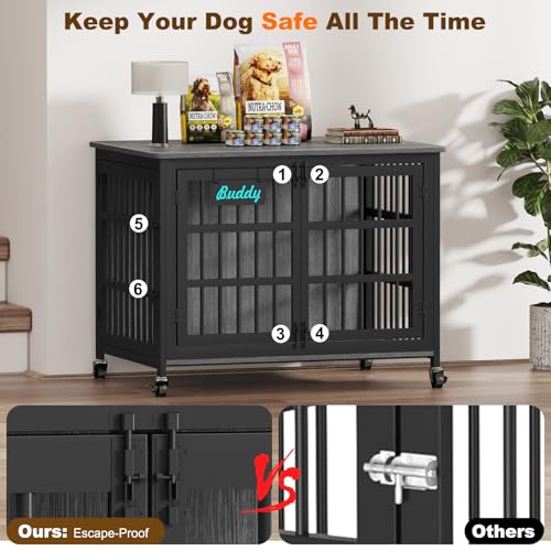 41"/32"/27" Dog Crate Furniture with Name Tag, Heavy Duty Dog Kennel Indoor for Medium Dogs, Double-Doors Sturdy Metal Dog Cage for Anxiety Dog, Decorate House as TV Stand, End Table (40.8"L x 29.3"W x 30.2"H / Dark Grey)