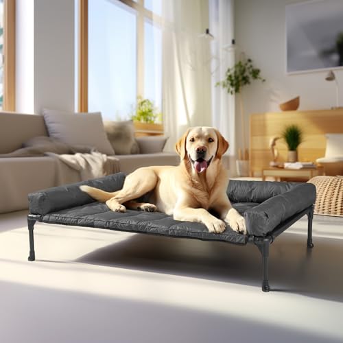 Outdoor Elevated Dog Bed with Waterproof Bolster Cushion (Black / 42.0"L x 30.0"W x 7.0"Th)