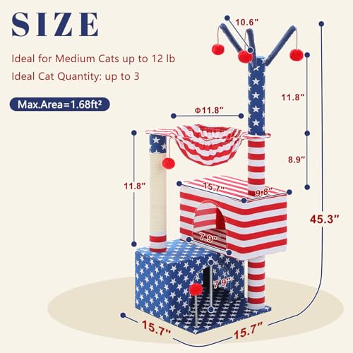 American Flag Cat Tree for Kittens & Senior Cats (Patriotic Red White & Blue / 45 inches)