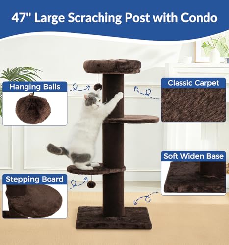 43" Short Plush Cat Scratching Post with Perch & Bed (Chestnut)