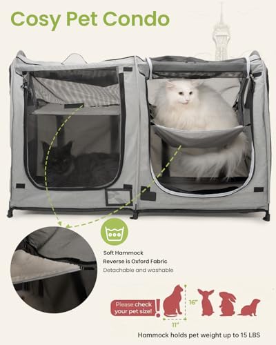 Portable Twin Compartment Show House Cat Cage Condo (Gray)