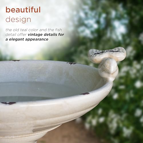 25" Tall Outdoor Antique Ceramic Birdbath with 2 Bird Figurines (brown)