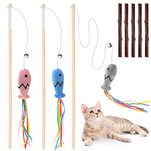 Natural Wood Cat Wand Toy with Ribbon Fish Teaser
