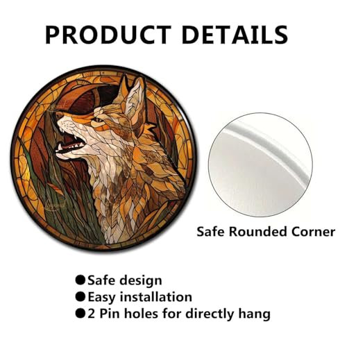 Metal Sign Tin Sign Circular Stained Glass Coyote Gardening Poster for Home Decor 8×8 Inches (8×8 Inches / Coyote-2)
