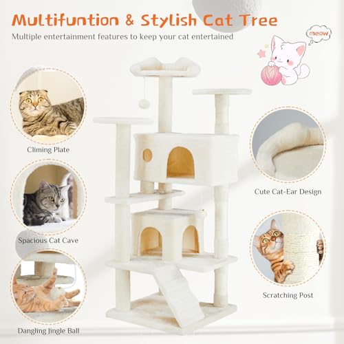 54 inch Cat Tree Tower with Scratching Posts (Beige / 54*20*20IN)